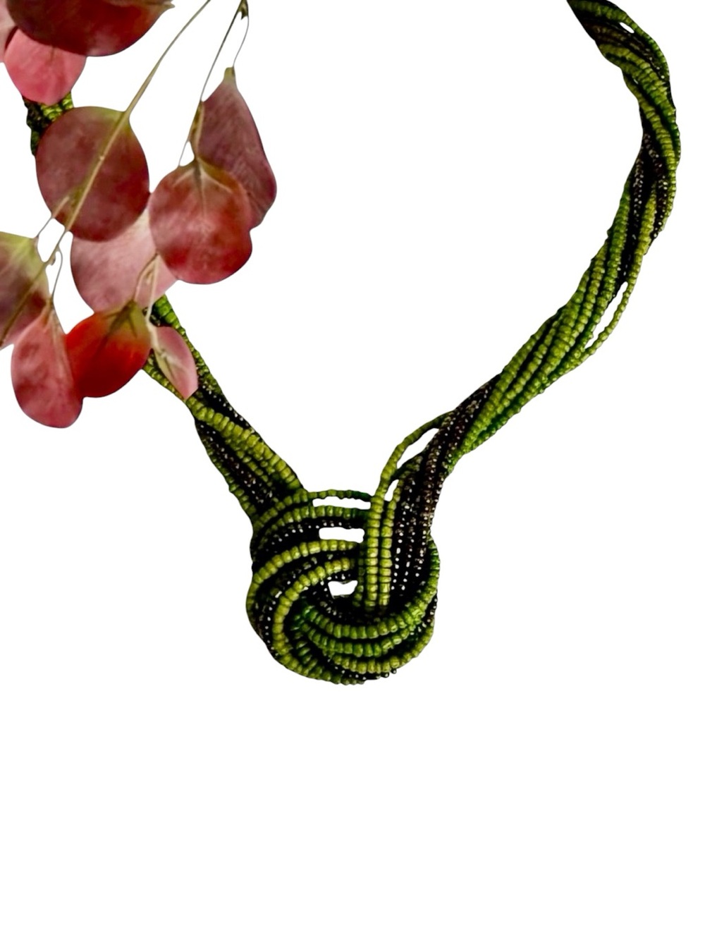 Green Multi Strand Seed Bead Knot 20” + 2” Extender Boho Statement Necklace